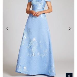 Blue Floral Jacquard Off-Shoulder Evening Dress